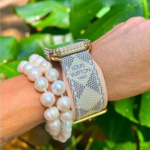 🌸 Vachetta leather Apple Watch band Damier Azure handmade - Picture 1 of 16